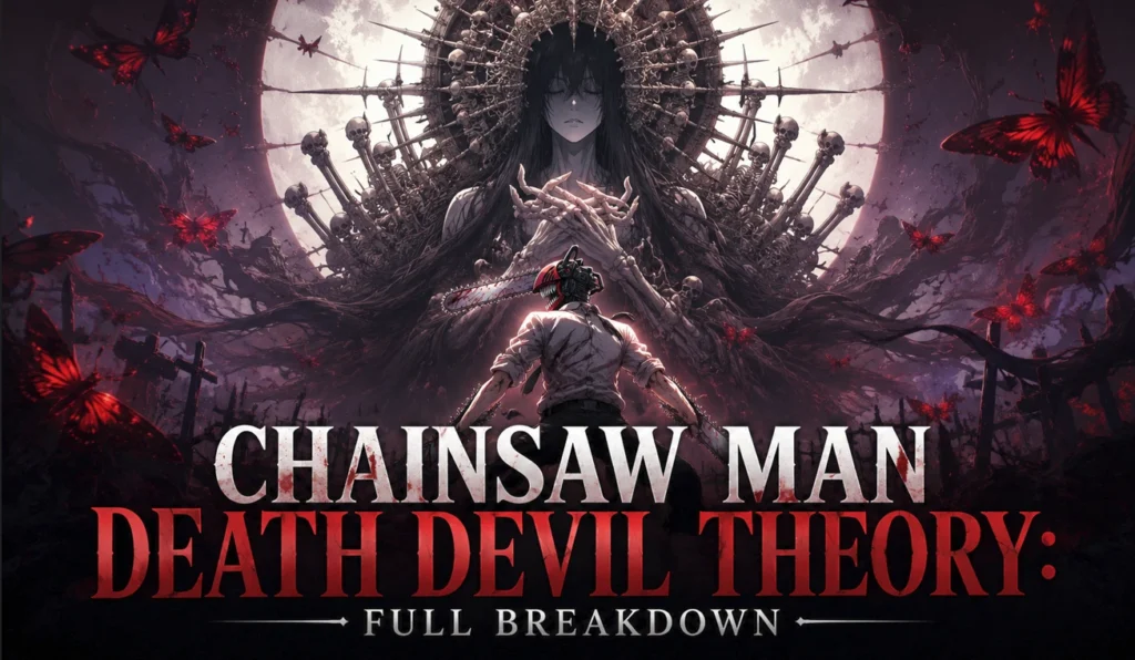 Chainsaw Man Death Devil Theory feature banner showing Denji in Chainsaw Man form facing a mysterious Death Devil-like figure seated before a massive moon and skeletal throne, surrounded by red butterflies and a dark apocalyptic landscape. Cinematic anime artwork with dramatic lighting and gothic horror aesthetics.