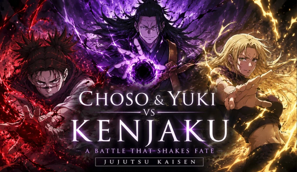 Choso and Yuki vs Kenjaku illustrated in a high-energy anime-style battle scene, featuring Choso's Blood Manipulation, Yuki Tsukumo's immense cursed energy, and Kenjaku's dark techniques in a dramatic purple and gold battlefield.
