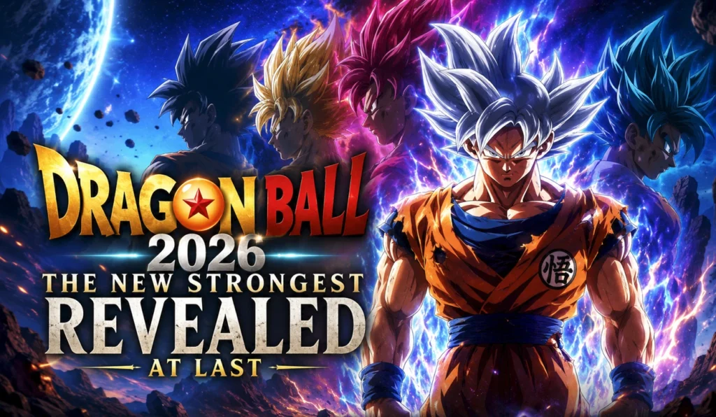 Dragon Ball 2026 feature banner featuring a powerful Saiyan warrior in a radiant silver-haired transformation standing in a cosmic battlefield with dramatic energy, cinematic lighting, and the headline "Dragon Ball 2026: The New Strongest Revealed At Last."