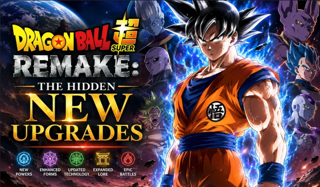 Dragon Ball Super Remake feature banner showcasing Goku in a powerful cinematic pose with iconic Dragon Ball characters in the background, highlighting the hidden new upgrades with vibrant anime-inspired visuals.
