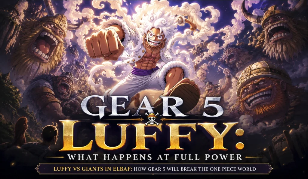 Gear 5 Luffy in a powerful transformation stance facing colossal Elbaf giants, surrounded by swirling clouds and dramatic fantasy lighting in an epic anime-inspired battle scene.
