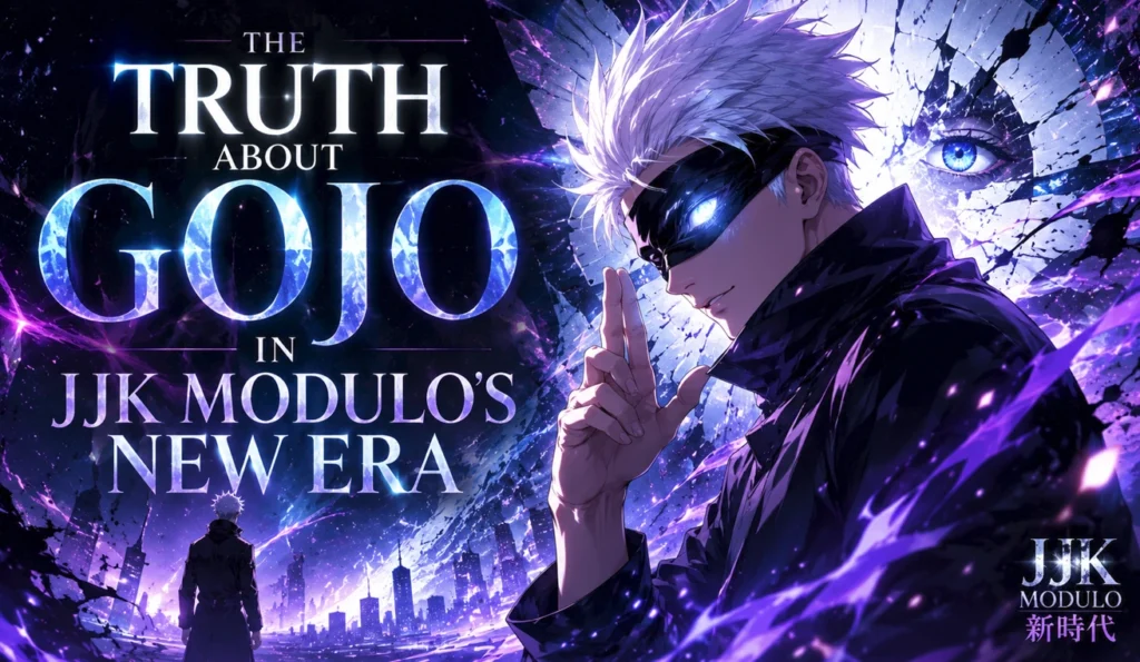 The Truth About Gojo feature banner showcasing a powerful white-haired sorcerer surrounded by cosmic blue and violet energy in a futuristic cityscape, symbolizing mystery, legacy, and transformation in JJK Modulo's new era.