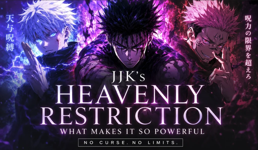 Illustration inspired by dark fantasy anime showing powerful fighters demonstrating the effects of Heavenly Restriction, surrounded by intense purple energy, dramatic lighting, and supernatural combat aura.
