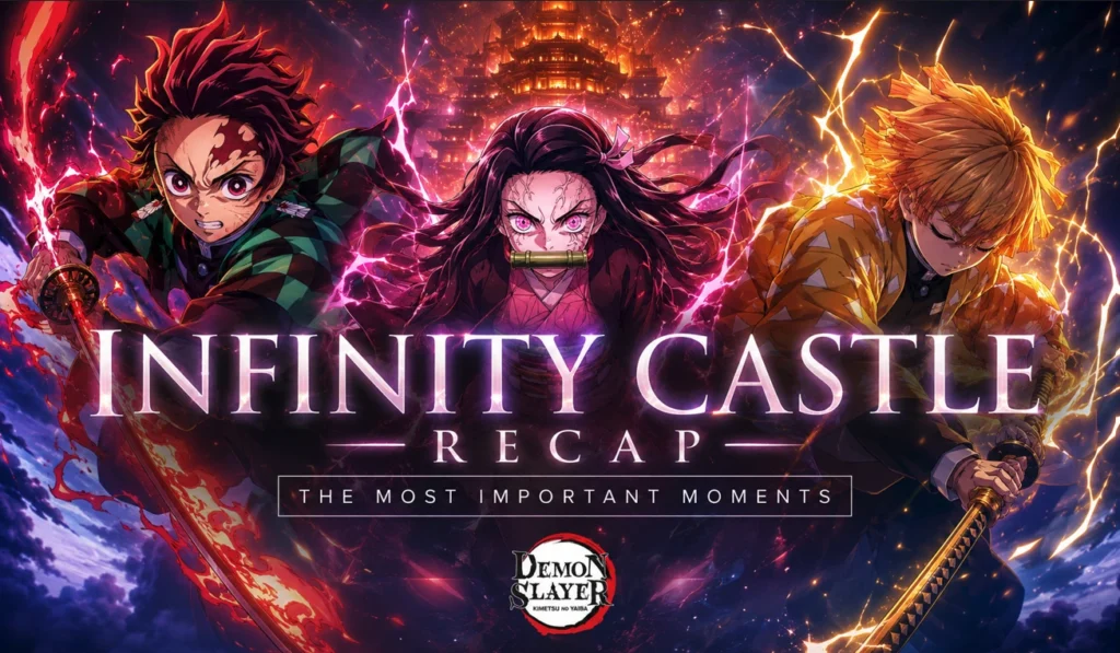 Infinity Castle recap feature image showing three anime-inspired demon hunters in powered-up battle stances against a glowing castle backdrop, surrounded by fiery, lightning, and energy effects in a bright cinematic fantasy scene.