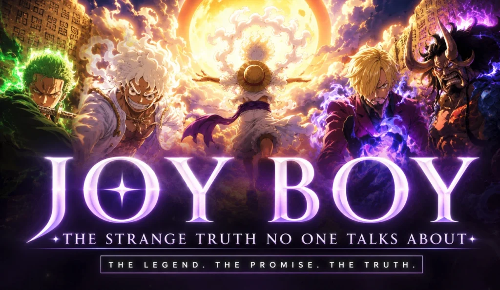 Joy Boy-inspired anime artwork featuring a legendary warrior surrounded by powerful allies and glowing celestial energy, symbolizing the hidden mystery and ancient legacy behind Joy Boy.
