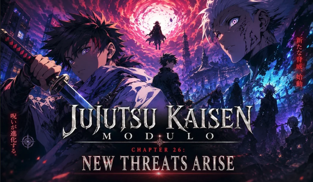 Jujutsu Kaisen Modulo Chapter 26 promotional banner featuring powerful sorcerers facing emerging threats beneath a glowing crimson vortex, with cinematic lighting, dark fantasy cityscape, and dramatic anime-inspired action atmosphere.