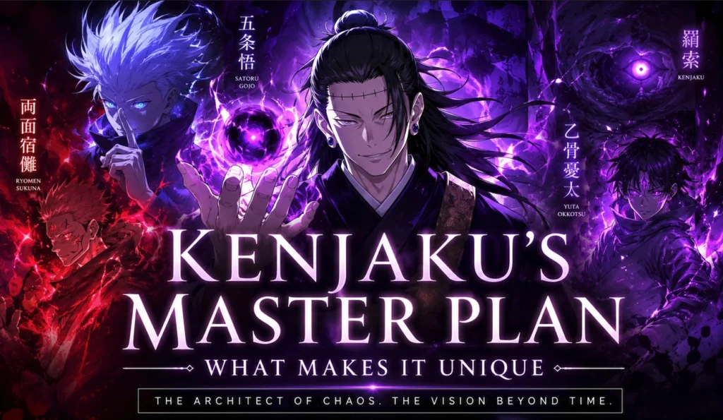 Kenjaku's Master Plan visual featuring powerful Jujutsu Kaisen-inspired sorcerers surrounded by glowing cursed energy, highlighting the mastermind's grand scheme with dramatic purple and red effects.