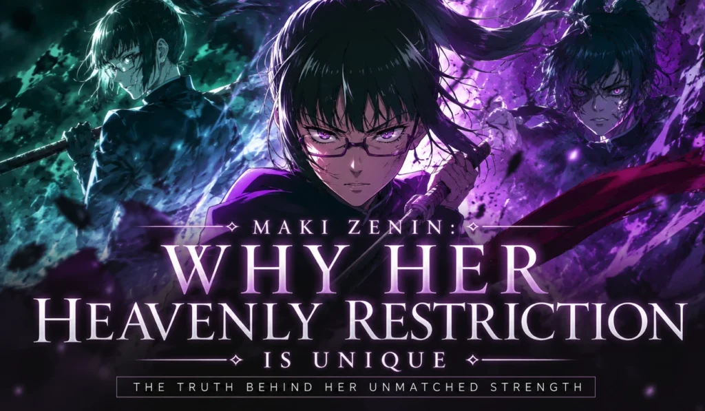 Maki Zenin in her awakened Heavenly Restriction state, wielding a sword with intense energy effects and battle scars, surrounded by dramatic purple and blue lighting in a high-action anime-inspired scene.