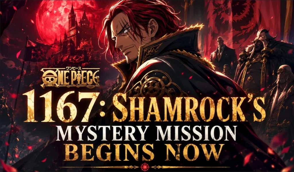 One Piece 1167 feature banner showing Shamrock in a dramatic cinematic pose with the Holy Knights in the background, highlighting the beginning of his mysterious new mission.