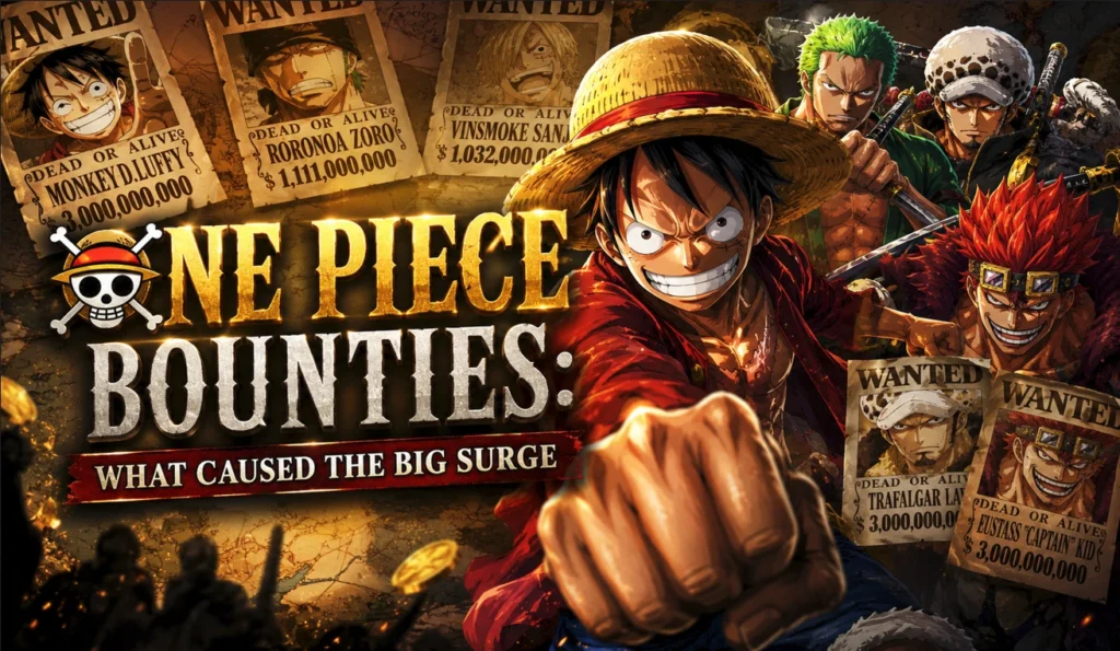 One Piece Bounties feature banner showing iconic pirate bounty posters and major characters in a dramatic cinematic composition, illustrating the reasons behind the latest bounty surge.