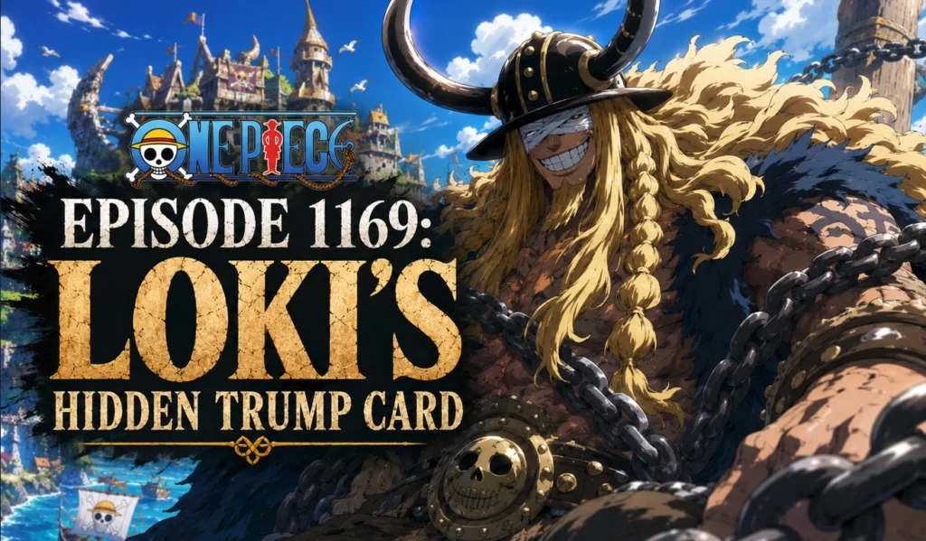 One Piece Episode 1169 feature banner showing Loki with chained arms, horned helmet, and a confident grin against a vibrant Elbaf-inspired backdrop, highlighting the mystery of his hidden trump card in a cinematic anime-style composition.