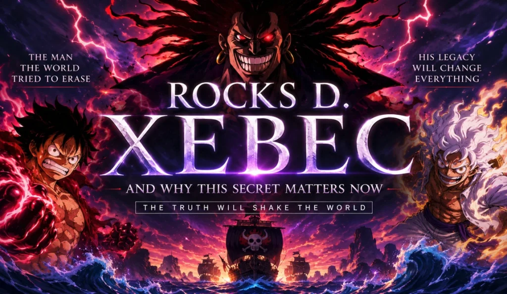 Dramatic anime-inspired feature image showing Rocks D. Xebec looming over a stormy ocean with glowing purple energy, while two powerful pirate figures stand on opposite sides surrounded by intense aura effects. Cinematic fantasy artwork with vibrant colors, lightning, and epic maritime scenery.