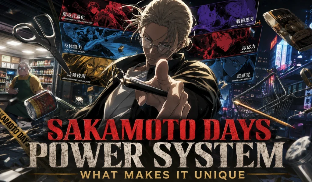 Sakamoto Days power system feature banner showing an elite assassin-themed combat concept focused on strategy, adaptability, and creative weapon improvisation.