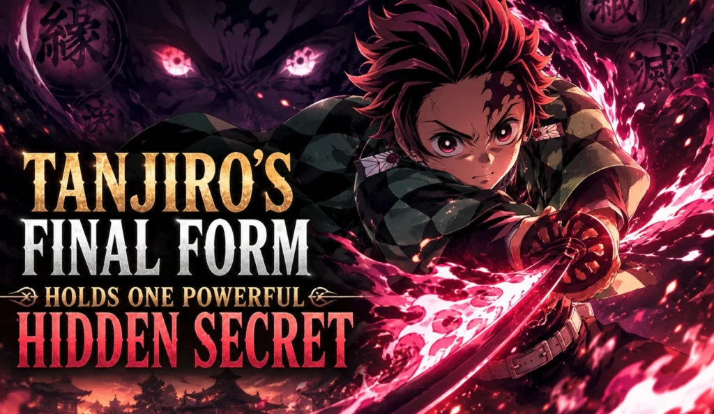 Tanjiro's Final Form depicted in a dramatic anime-inspired battle scene, wielding a blazing crimson sword amid dark supernatural energy, highlighting the hidden mystery and power behind his ultimate transformation.