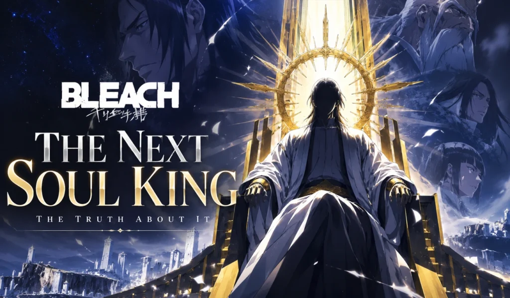 The Next Soul King concept artwork featuring a mysterious throne-bound figure surrounded by celestial light and a spiritual realm backdrop inspired by anime fantasy themes.