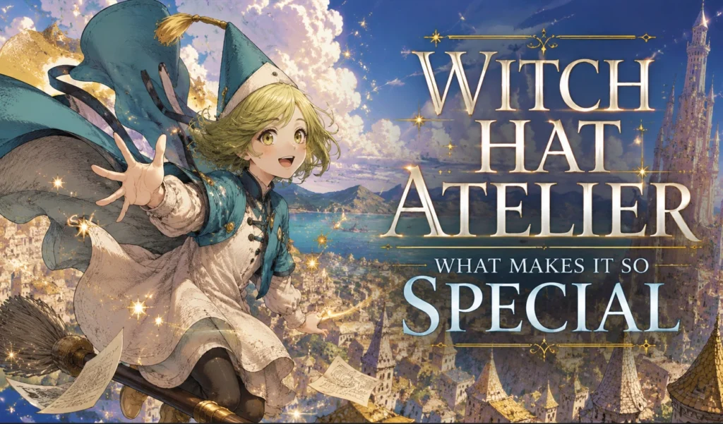 Witch Hat Atelier inspired fantasy banner featuring a young apprentice witch soaring above a magical city, surrounded by spell sketches, enchanted architecture, and a whimsical fantasy atmosphere that highlights the series' unique worldbuilding and artistic charm.