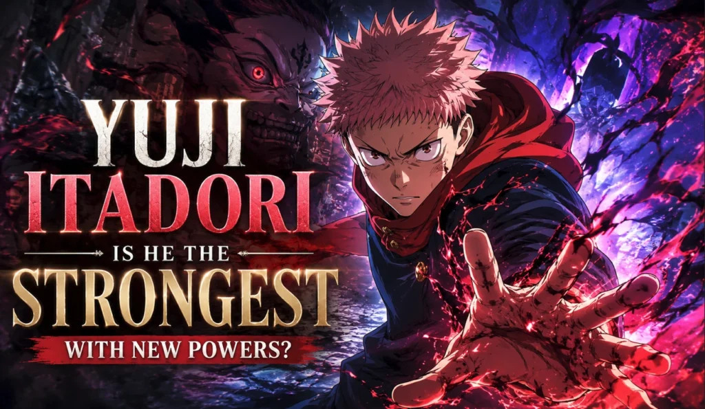 Yuji Itadori unleashes his newly awakened powers in a dramatic anime-inspired battle scene with dark cursed energy, cinematic lighting, and the headline "Is He the Strongest with New Powers?"