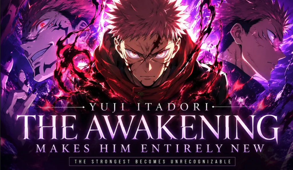 Yuji Itadori surrounded by powerful cursed energy in a dramatic anime-inspired awakening scene, showcasing his transformation and newfound strength against a vibrant purple and crimson background.