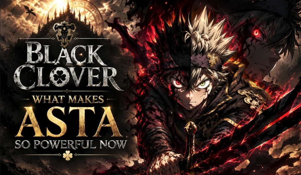 Asta wielding his anti-magic sword in a dramatic battle pose with dark energy surrounding him in a Black Clover inspired fantasy scene