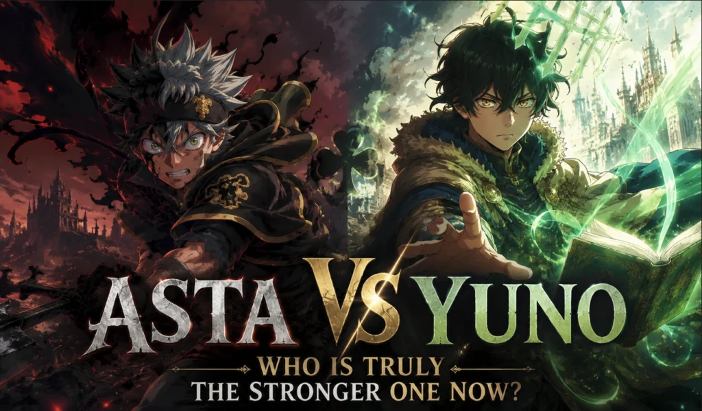 Asta vs Yuno comparison artwork featuring the two Black Clover rivals facing each other with anti-magic and wind magic-inspired visual effects in a dramatic fantasy setting.