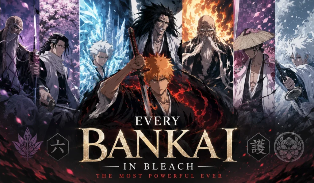 Every Bankai from Bleach displayed with iconic Soul Reapers and Bankai transformations in a cinematic anime-style composition.