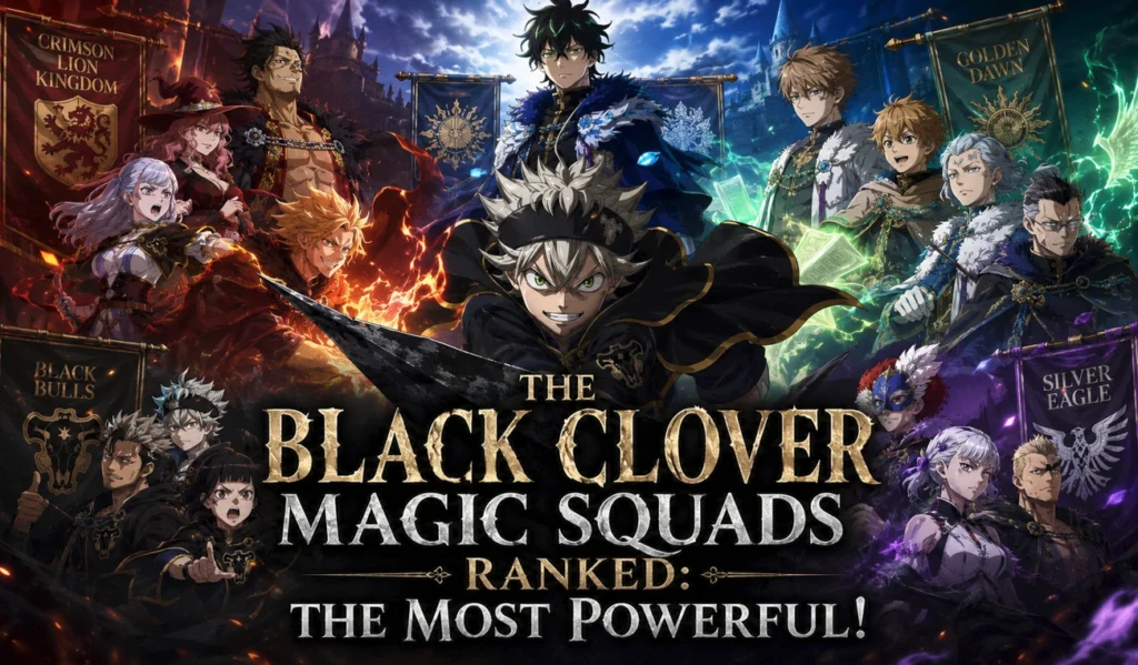 Black Clover Magic Squads ranking featuring the strongest Magic Knights from the Clover Kingdom in a cinematic fantasy illustration