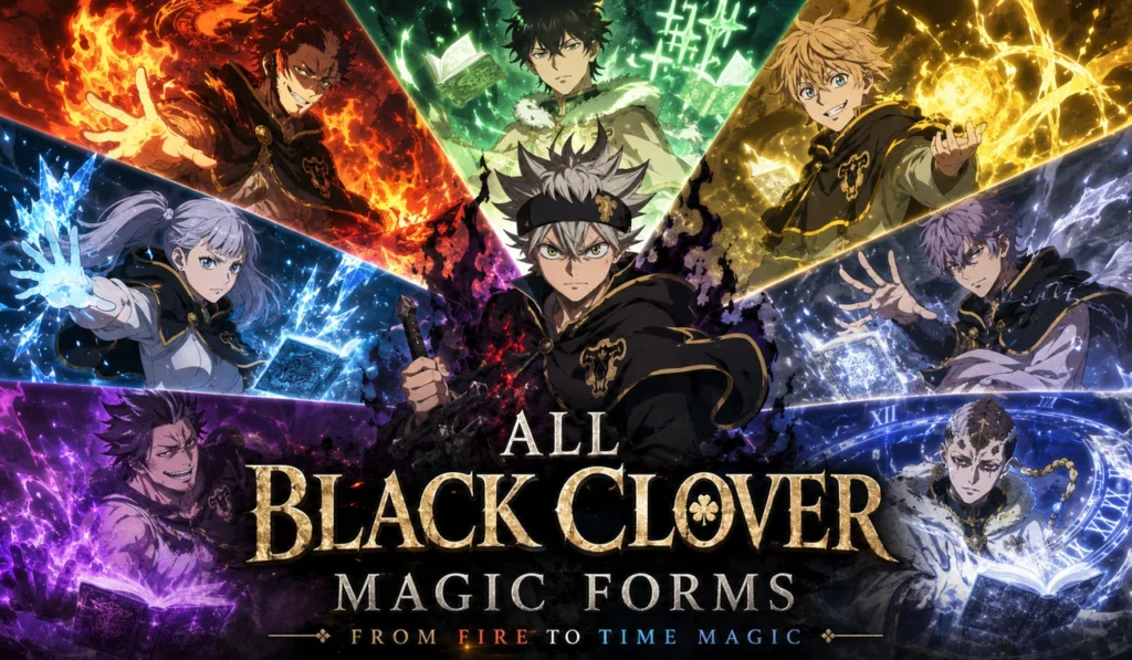 Black Clover magic forms illustrated with elemental and arcane powers from Fire Magic to Time Magic in a cinematic fantasy composition