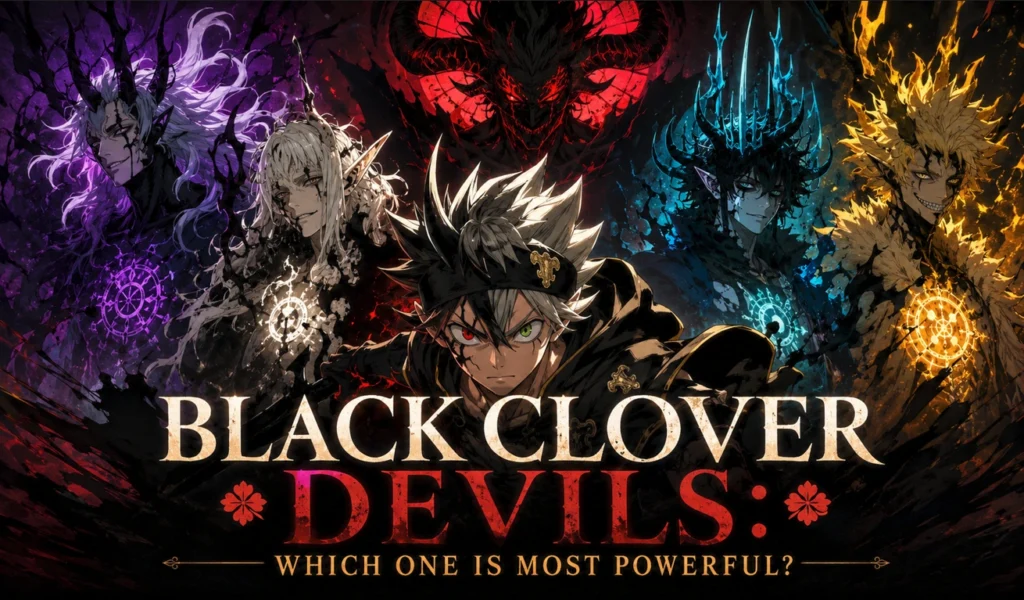 Black Clover Devils ranked by power, featuring Asta surrounded by powerful devil-inspired figures in a dark fantasy anime-style promotional banner.