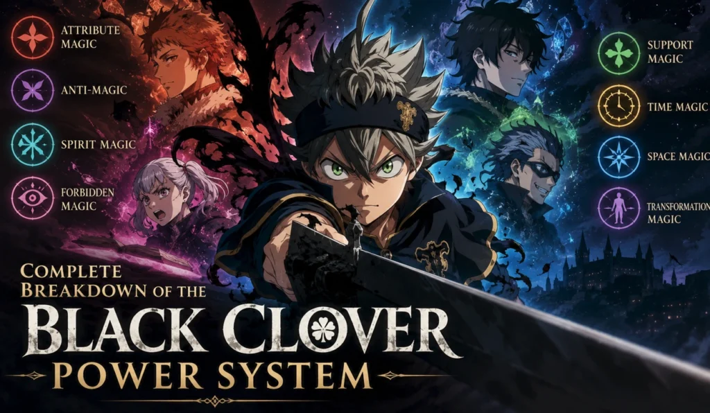 Complete Breakdown of the Black Clover Power System featuring Asta, magic types, grimoires, and the world's unique magic hierarchy.