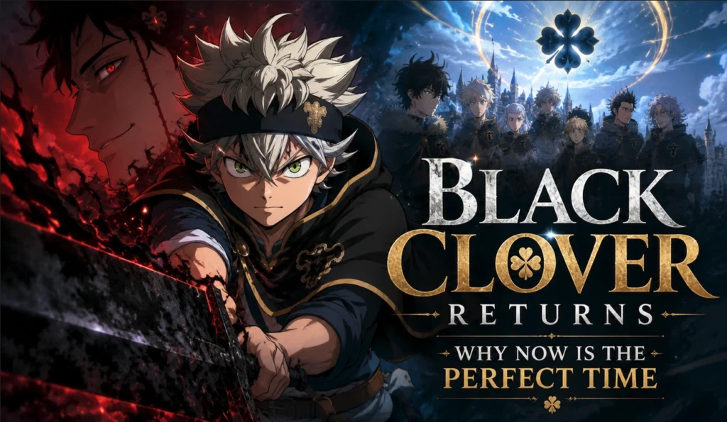 Black Clover feature banner showing a determined magic knight in a fantasy setting, representing the series' long-awaited return and renewed excitement among fans.