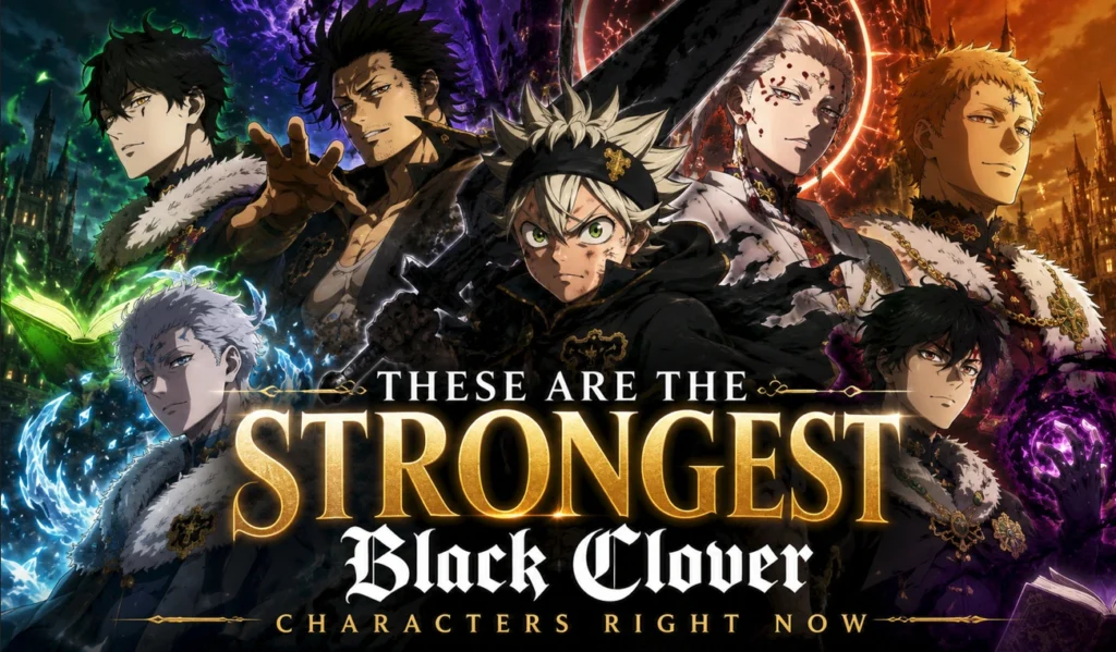 Strongest Black Clover characters featured in a dramatic fantasy anime-style banner with cinematic lighting and magical atmosphere.
