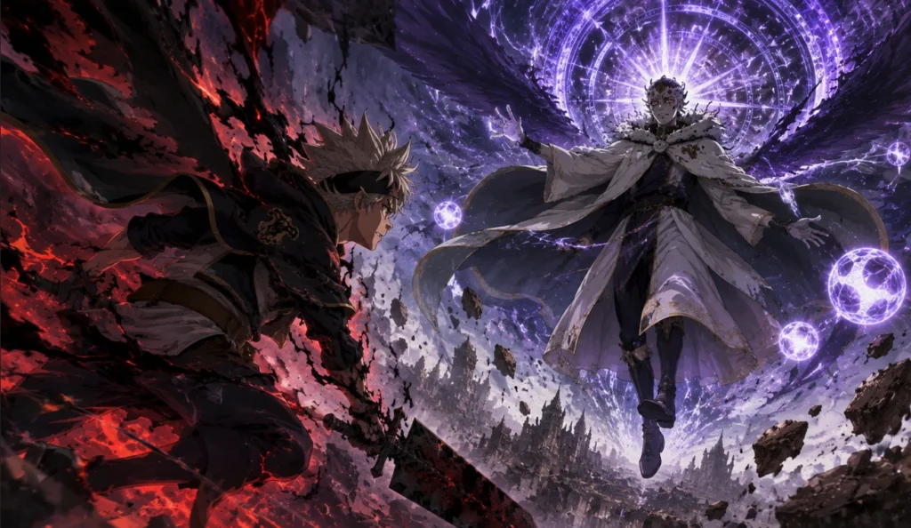 Black Clover Asta confronting the main antagonist in a cinematic fantasy battle with anti-magic and arcane energy