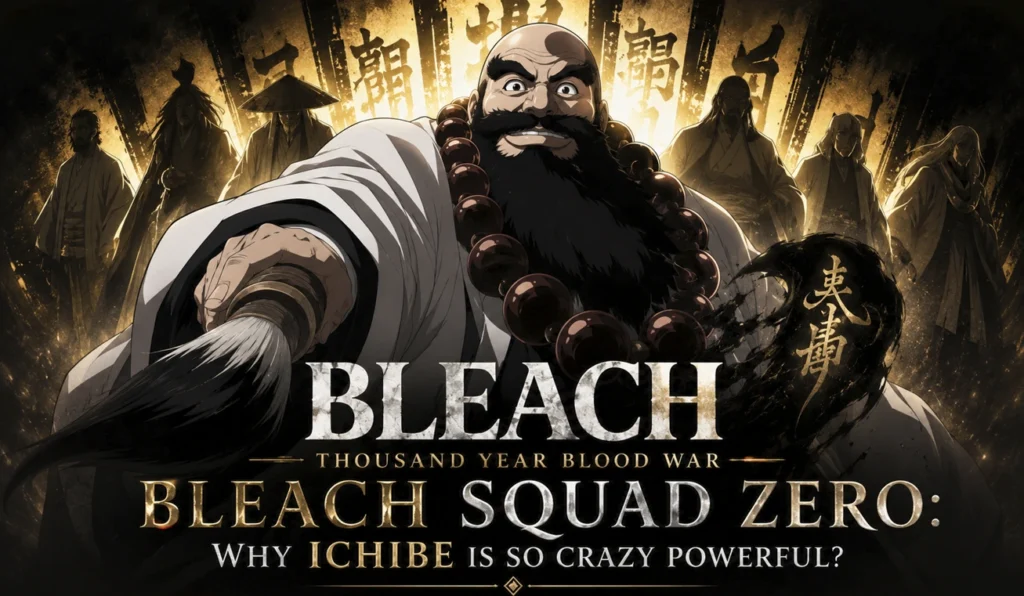 Bleach Squad Zero leader Ichibe Hyosube featured in a cinematic Thousand-Year Blood War inspired illustration highlighting his immense spiritual power.