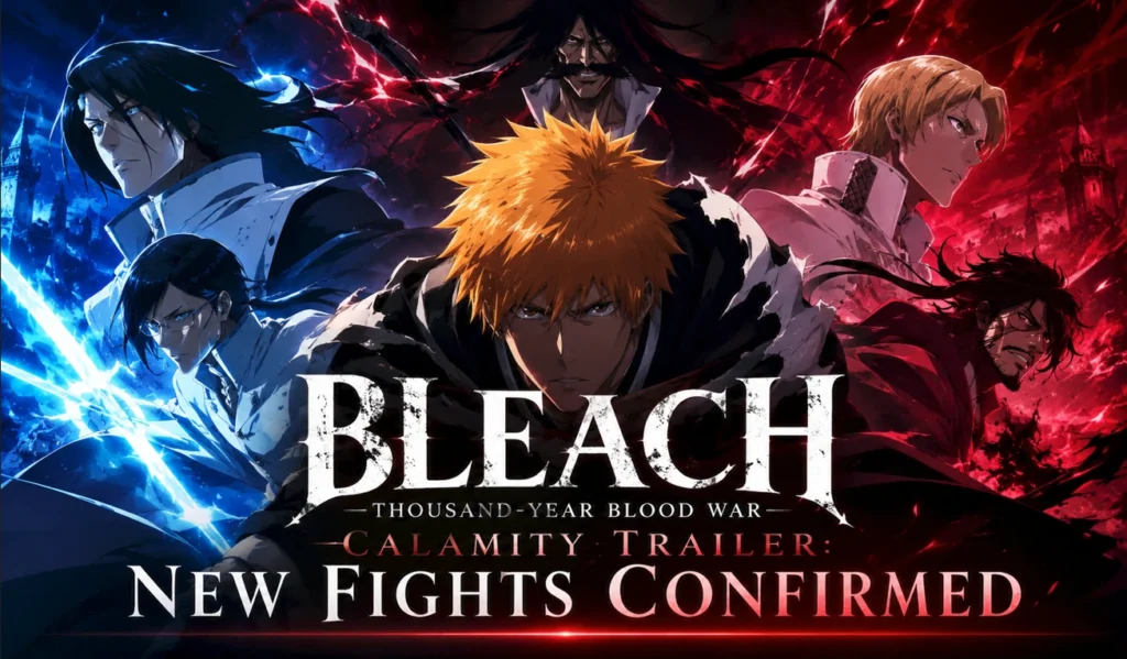 Bleach TYBW cinematic feature banner showing a dramatic battle lineup with multiple Soul Reapers and Quincy warriors, highlighting newly confirmed fights from the Calamity Trailer in a high-detail anime-inspired promotional composition.