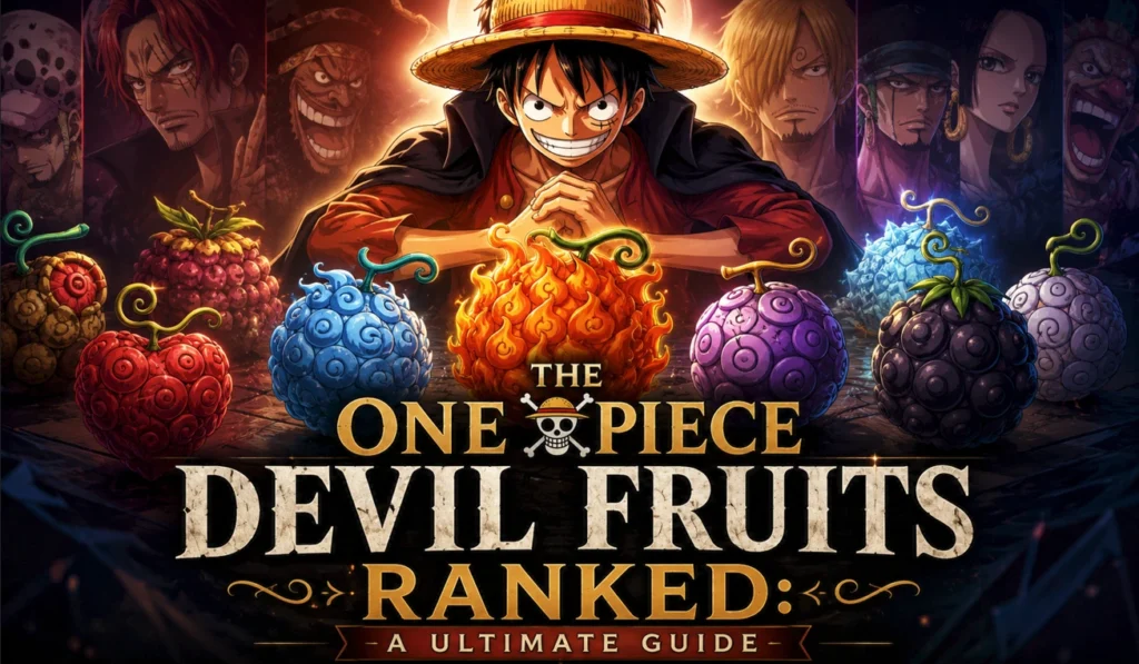 One Piece Devil Fruits displayed in a cinematic anime-inspired composition featuring iconic mystical fruits and a pirate-themed backdrop, representing a complete ranking guide.