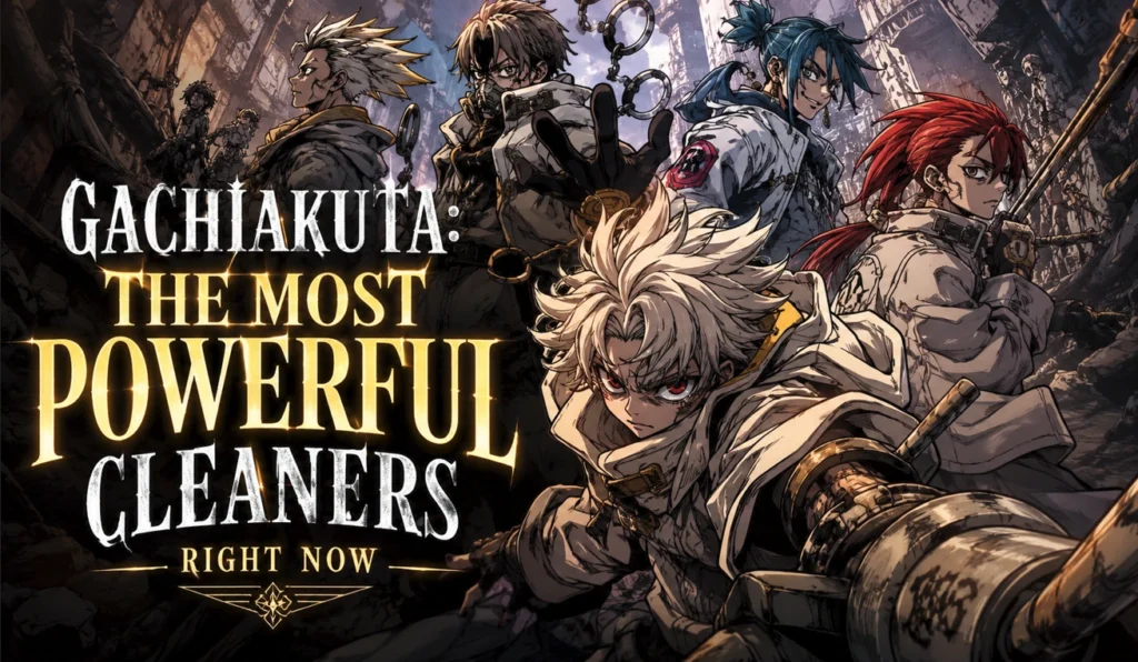 Gachiakuta Cleaners standing together in a ruined industrial city, highlighting the series' most powerful Cleaners with dramatic anime-inspired artwork.