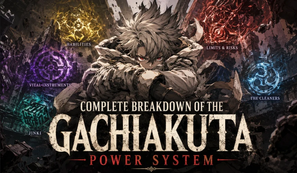 Gachiakuta power system feature banner showcasing a symbolic anime-inspired illustration representing Jinki abilities, Vital Instruments, and the dark fantasy world of Gachiakuta.