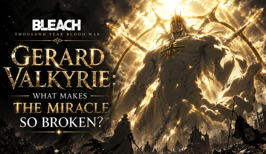 Gerard Valkyrie in his colossal transformed form during the Thousand-Year Blood War, illustrating the overwhelming power of The Miracle in Bleach.