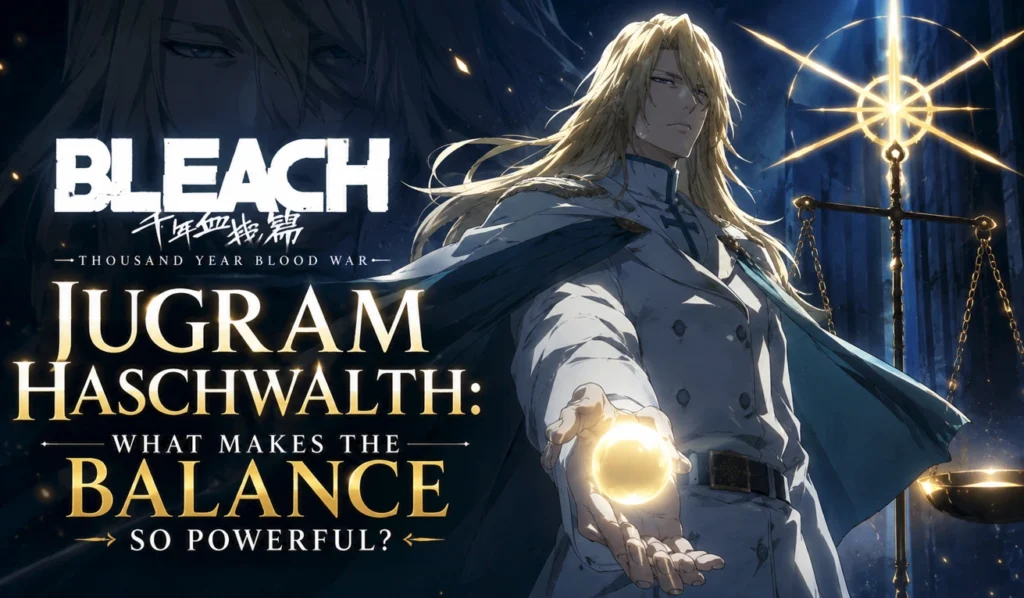Jugram Haschwalth standing with symbolic scales representing The Balance ability in a dramatic Thousand-Year Blood War inspired anime-style illustration