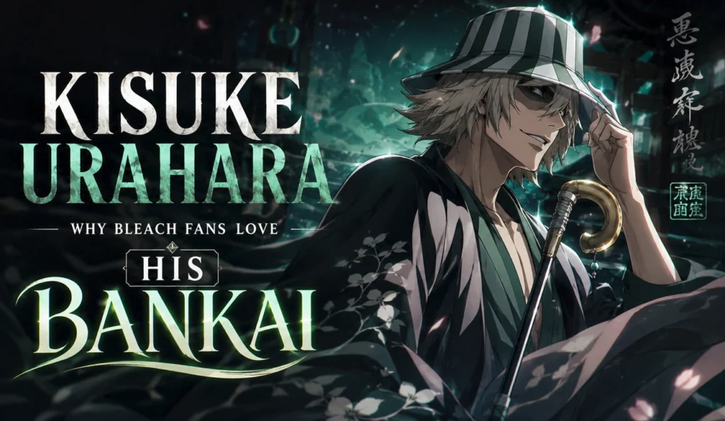 Kisuke Urahara standing confidently with his Bankai-inspired visual theme in a cinematic anime-style feature banner from Bleach.