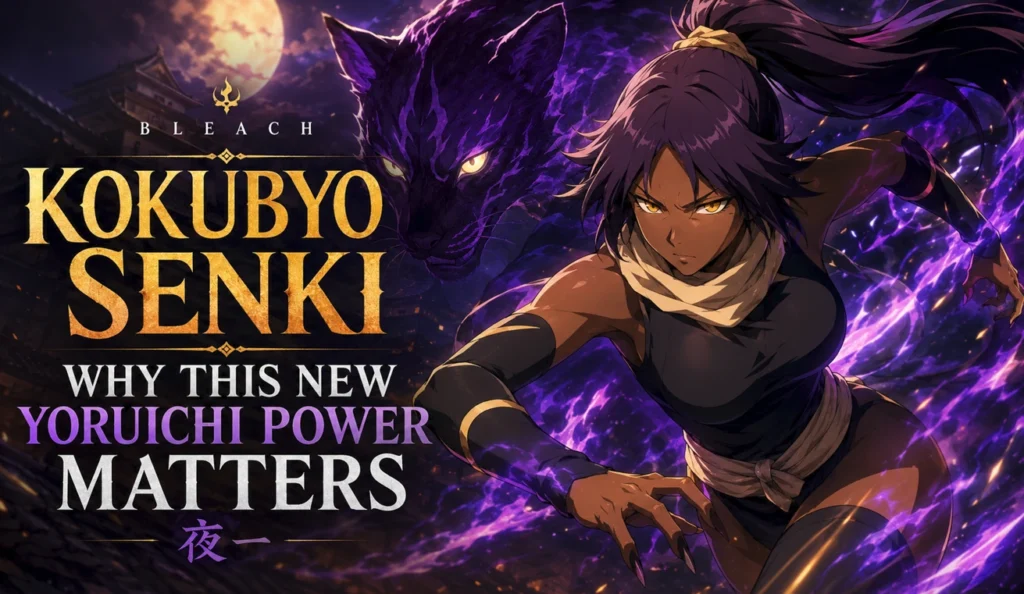 Kokubyo Senki visual featuring Yoruichi Shihōin unleashing her mysterious new feline-inspired power in a dramatic nighttime setting with cinematic purple energy, created as a feature banner for a Bleach analysis article.
