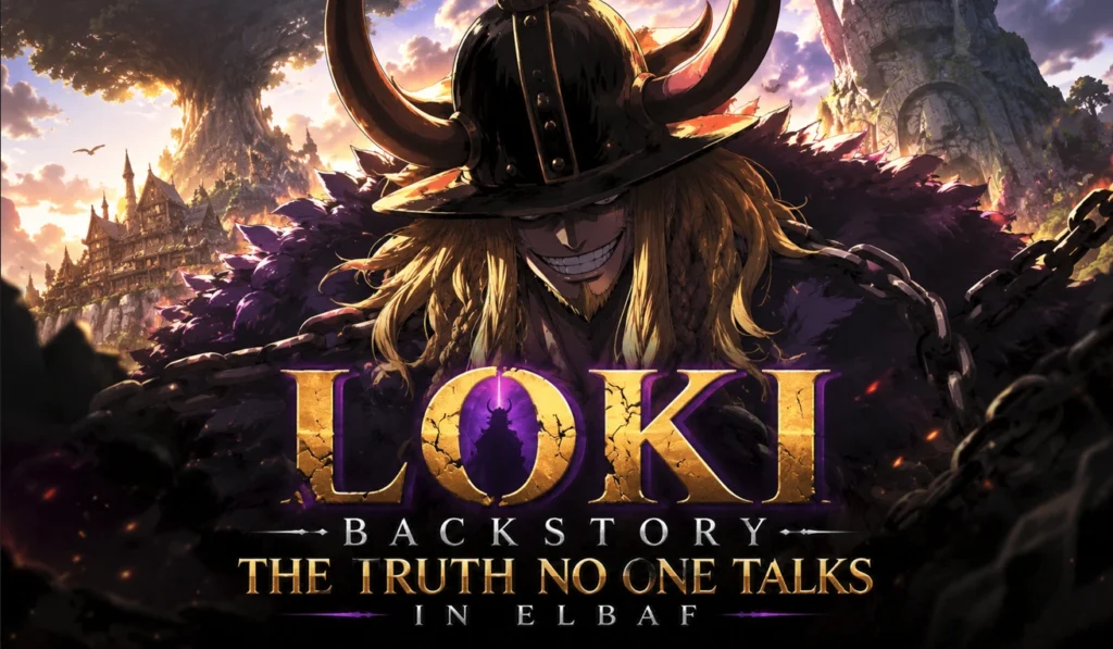 Loki Backstory artwork depicting the mysterious giant prince of Elbaf standing amid ancient ruins and chains in a dramatic fantasy setting