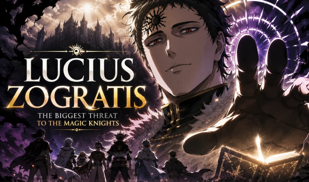 Lucius Zogratis standing before the Magic Knights in a dramatic fantasy scene, illustrating the greatest threat facing the Clover Kingdom.