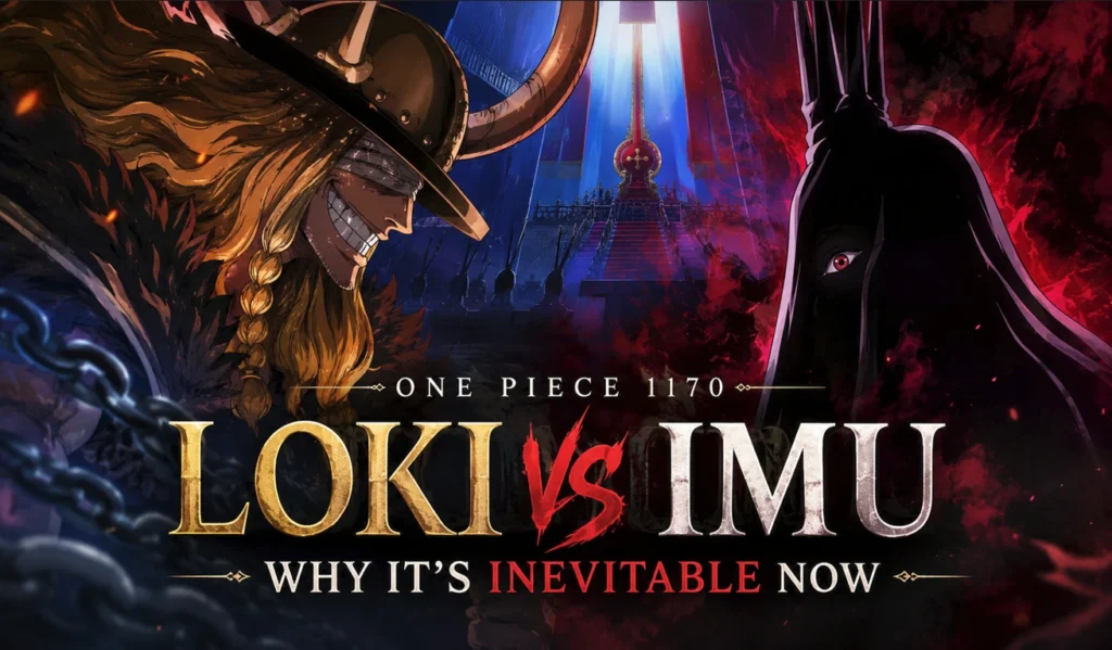 One Piece 1170 feature banner showing Loki facing the mysterious Imu in a dramatic cinematic confrontation highlighting the theory behind their inevitable conflict