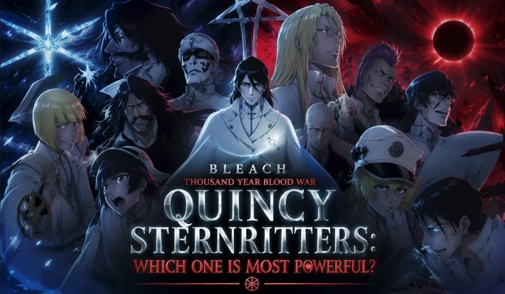 Quincy Sternritters assembled in a dramatic battle formation during the Thousand-Year Blood War, highlighting the elite Quincy warriors in a cinematic anime-inspired promotional banner.