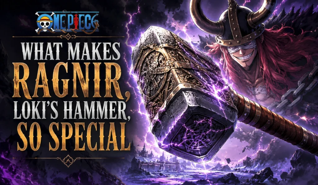Ragnir wielded by Loki in a dramatic fantasy-inspired One Piece-style illustration featuring the legendary hammer surrounded by lightning and ancient power.