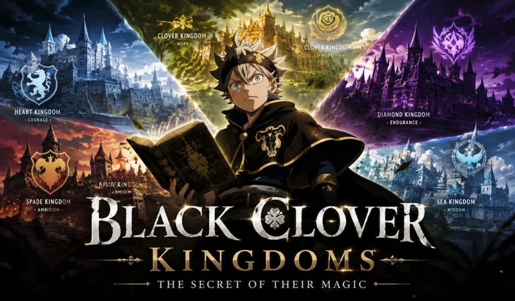 Black Clover Kingdoms feature banner showing the major magical kingdoms surrounding a determined Magic Knight with a grimoire, representing the origins and secrets of each kingdom's unique magic.