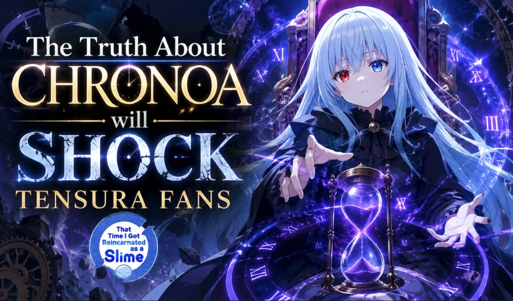 Chronoa surrounded by mystical time symbols and a glowing hourglass in a dramatic Tensura-inspired anime scene