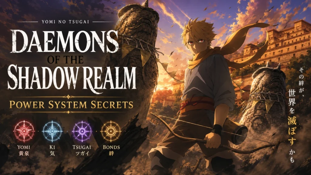 Daemons of the Shadow Realm feature artwork showing a young archer standing before ancient stone monuments and a mountain fortress at sunset