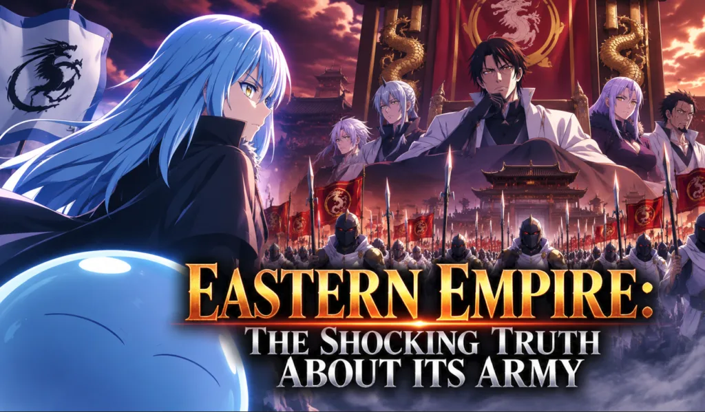 Eastern Empire army standing before a vast fortified imperial city, led by a stern red-haired commander, with elite warriors, armored soldiers, banners, and dramatic golden-purple skies.